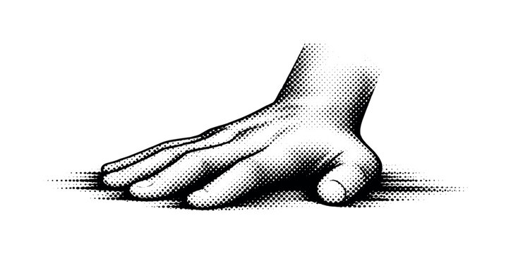 A hand pressing down on a flat surface, fingers slightly flattened as if resisting force from above, illustrated in
