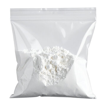 Close-up of a sealed plastic bag filled with white powder, isolated.