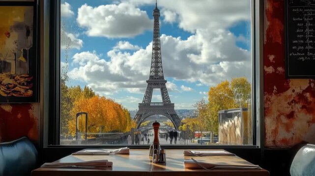 A picturesque view of the iconic Eiffel Tower framed by a restaurant window, capturing the beauty of Parisian cityscape and autumnal hues. 