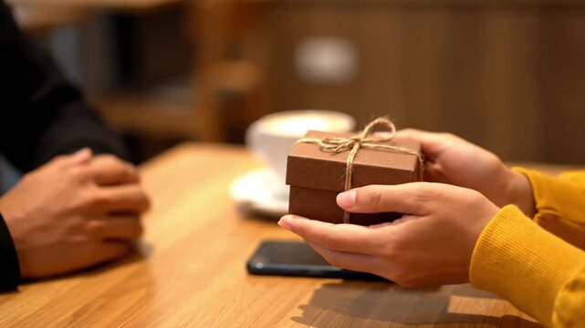 Close Up of Hands Exchanging a Small Brown Paper Wrapped Gift Box with Twine Bow in a Cafe Setting for Celebration Birthday or Holiday Theme