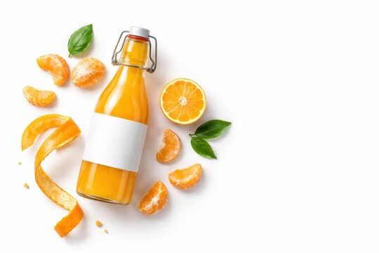 Swing top glass juice bottle filled with mandarin juice with blank wrap label surrounded by slices and peel ribbon spiral high key studio isolated on white