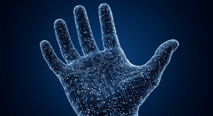 Digital human hand with glowing circuit board patterns. Futuristic cybernetic enhancement and technology integration concept. Sci-fi biotechnology and augmentation visualization.