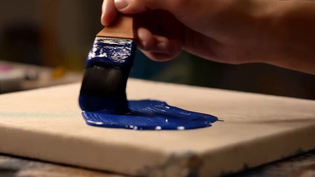 Close-up of a paint brush applying thick blue oil paint onto a canvas, texture of the brush strokes, artist at work, creative concept, 4k