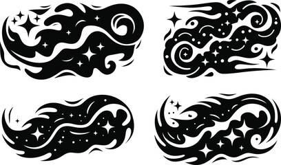 Abstract Celestial Wind and Cloud Swirls with Stars Vector Silhouette Set