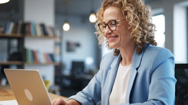 Successful Middle-Aged Businesswoman with Curly Hair and Glasses Working on Laptop and Laughing During Productive Video Call in Bright Office.