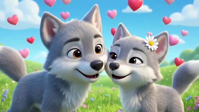Two cute cartoon wolves are touching noses in a field of flowers under a sky filled with pink hearts.