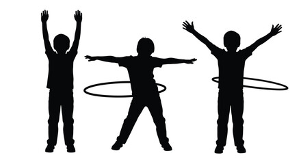 Three black silhouettes of children exercising with dynamic arm positions and hula hoops