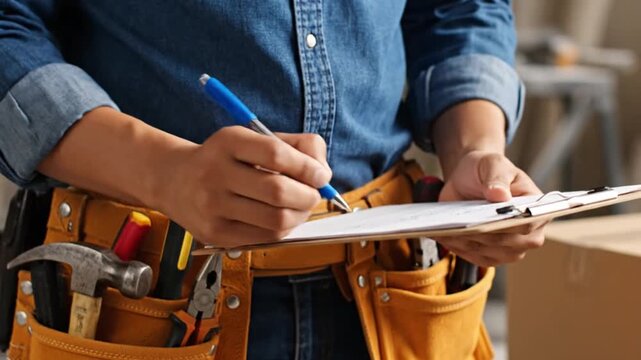 Close Up of Handyman or Construction Worker with Tool Belt Writing on Clipboard Checklist During Home Renovation or Delivery Inspection Process