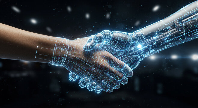 Woman shaking hands with robot arm. Human and artificial intelligence partnership. Futuristic technology collaboration and innovation concept.