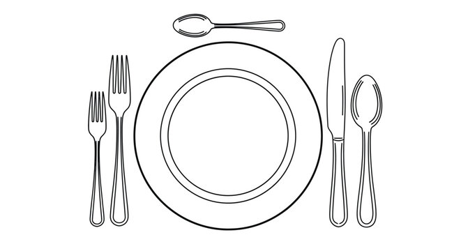 Formal dining place setting illustration showing plate cutlery and utensils arranged neatly for a meal