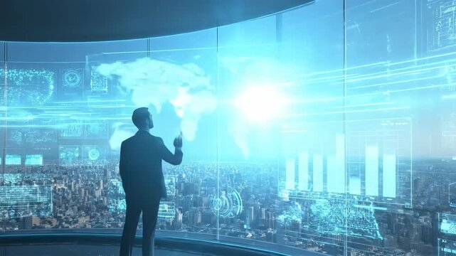 A businessman interacts with a futuristic holographic display showing charts and data. The display is projected against a backdrop of a cityscape and clear sky.