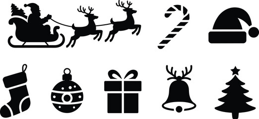 Christmas silhouettes collection isolated on white background, Santa sleigh reindeer candy cane hat gift bell tree icons set vector illustration © Fajle