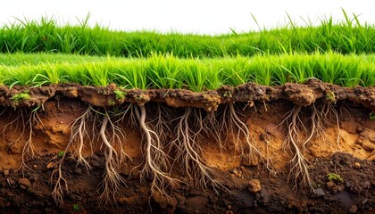 A close-up view of healthy grass revealing its intricate root system beneath the soil