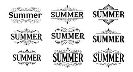 Collection of summer text with ornate illustrations