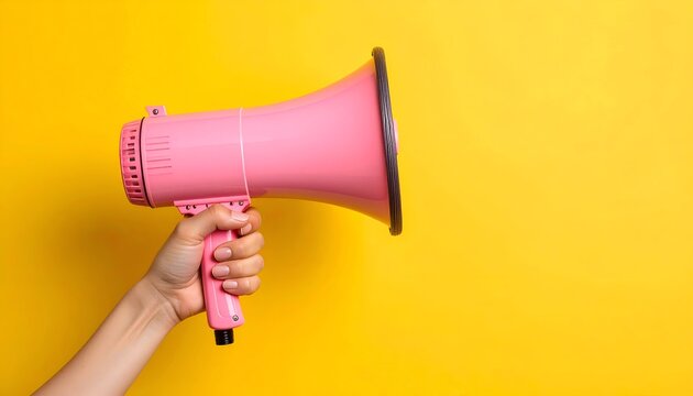A vibrant pink megaphone held by a hand against a bright yellow background
