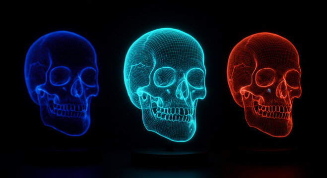 Neon wireframe skulls glowing in blue cyan and red. Digital holographic human anatomy models. Futuristic cyberpunk concept for sci-fi visualization and halloween themes.