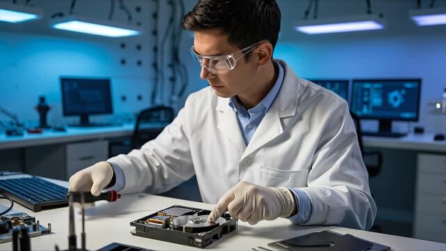 Tech Engineer at Work: A focused tech engineer, immersed in intricate work within a cutting-edge tech lab. Meticulously examining and repairing computer hardware.