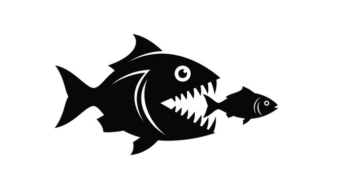 Simple black and white icon depicting a large predator fish about to consume a much smaller fish