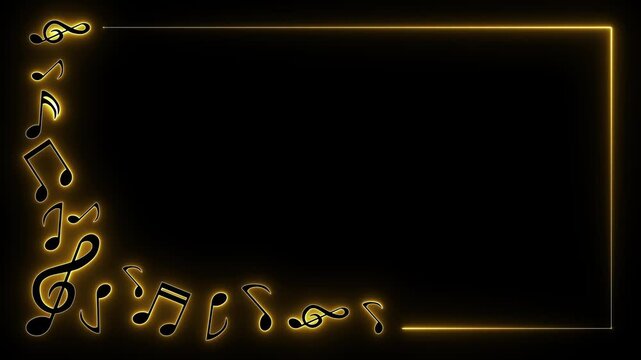 Neon music frame. Golden note border. Musical edge art. Glowing clef line. Shiny melody box. Gold stave frame. Elegant song border. Vibrant audio sign. Minimalist music. Sparkling note art.