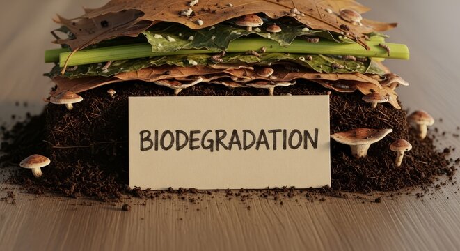 Photorealistic tabletop composition of compost, leaves, soil, fungi, and organic matter arranged around a hand written card demonstrating biodegradation and natural decomposition processes