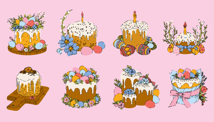 Fototapeta premium Hand Drawn Easter Cakes Collection on Pink Background