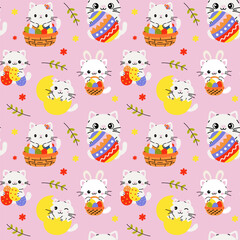 Fototapeta premium Seamless Easter Cat Pattern with Eggs and Baskets