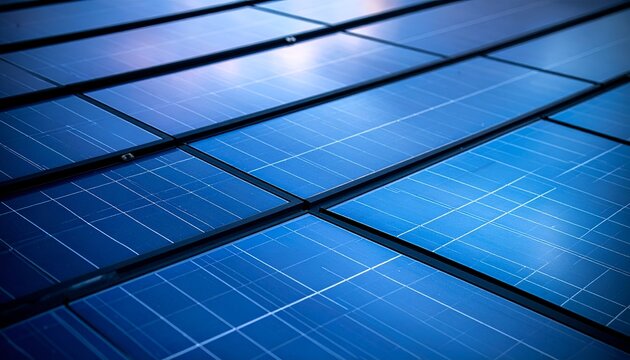 Close-up view of a solar panel installation showing a seamless arrangement of blue cells