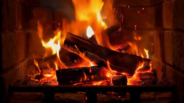 Close-up of firewood burning in a fireplace, warm orange flames, cozy atmosphere, crackling fire visual, loopable, 4k