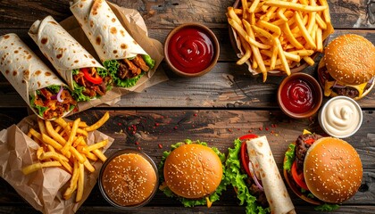 A vibrant spread of burgers, wraps, and crispy fries accompanied by dipping sauces on a wooden table