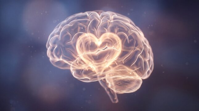 Glowing human brain with a heart shape in the center, representing emotional intelligence and mental well-being on a dark background