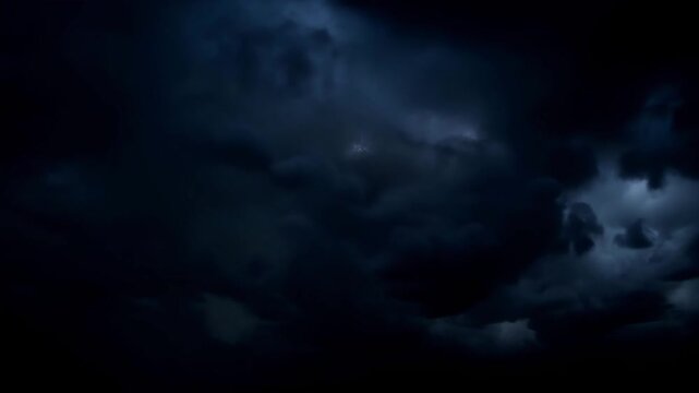 Dark storm clouds with internal lightning flashes, illuminating the clouds from within, black background, weather overlay, 4k
