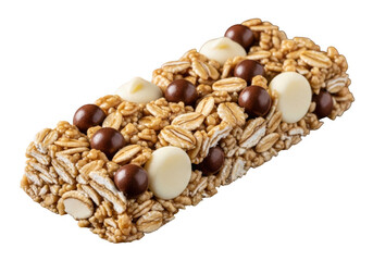 A granola bar with nuts and chocolate on a transparent background for a healthy snack option