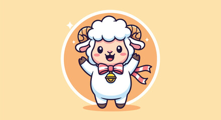 Cartoon sheep character with open arms and a cheerful expression in a circle