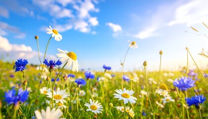 A vibrant field filled with daisies and blue cornflowers under a bright blue sky