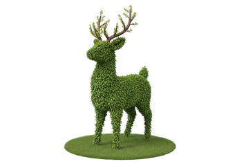 Obraz premium A green reindeer statue made of moss on a grass base isolated on transparent background