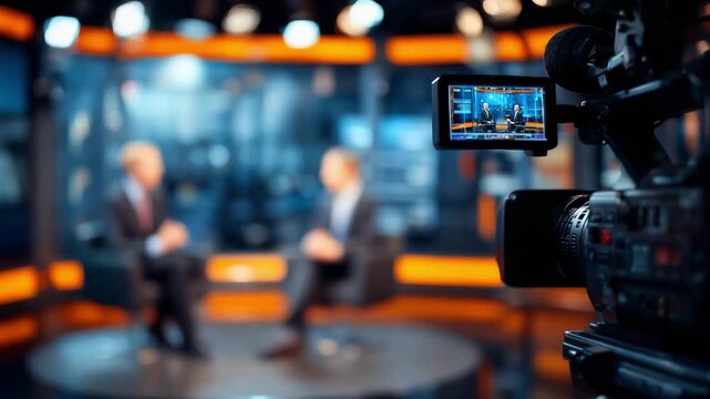 Camera focuses on two people talking in a TV studio setting during an interview or podcast recording
