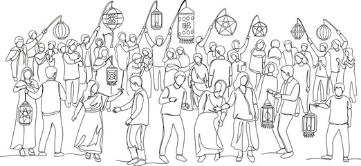 Obraz premium Large diverse group of people celebrating a festive occasion or cultural event while proudly holding up various decorative illuminated lanterns in a cheerful gathering