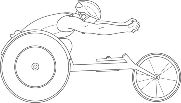 Outline drawing of a focused athlete skillfully competing in a track and field wheelchair racing event showcasing intense competitive drive.