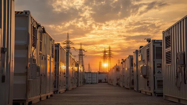 Containers are arranged in rows under an orange sunset with power lines in the background. Concept of storage units for rent