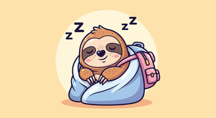 Cartoon sloth napping in blanket with backpack on light orange background © Fullo