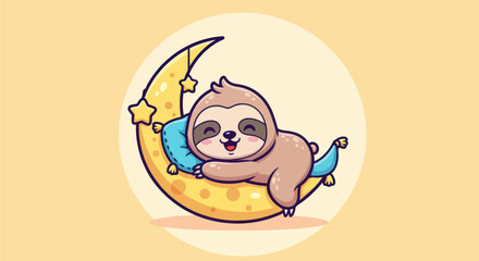 Cartoon sloth resting on crescent moon with stars and soft pillow illustration