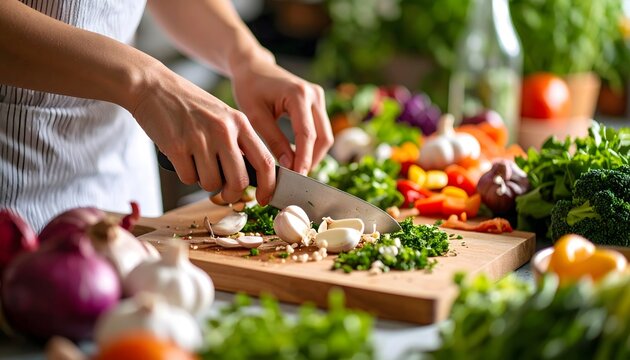 Close-up of hands chopping garlic and parsley on a wooden board with colorful vegetables