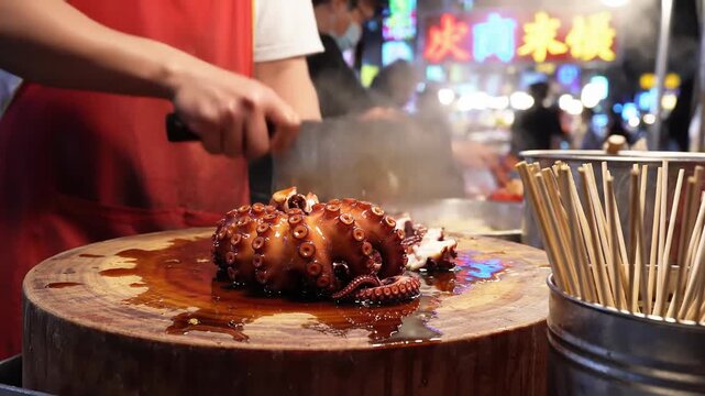 Street food vendor skillfully chops cooked octopus with a cleaver on a wooden board at night market