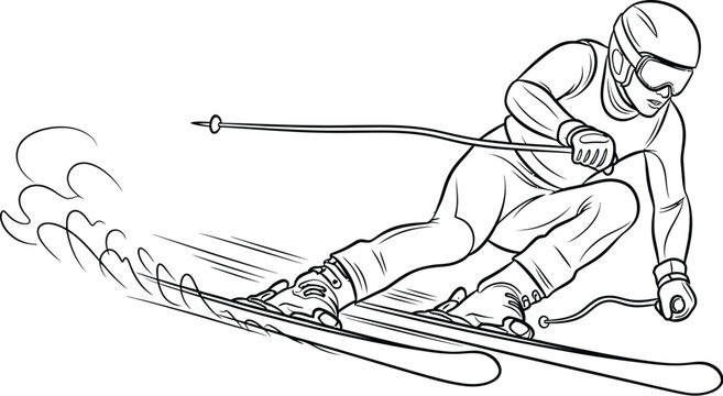 Dynamic black and white line art illustration depicting a competitive alpine ski racer carving a sharp turn down a steep snowy slope during a high speed race.