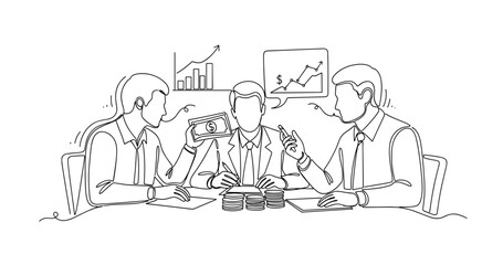 Obraz premium Business meeting with three caucasian males discussing financial growth and investments. None editable stroke