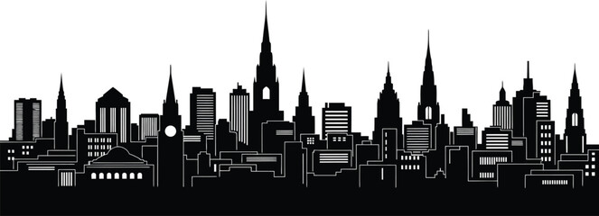 Obraz premium Black and white illustration of a city skyline with many skyscrapers and towers urban landscape