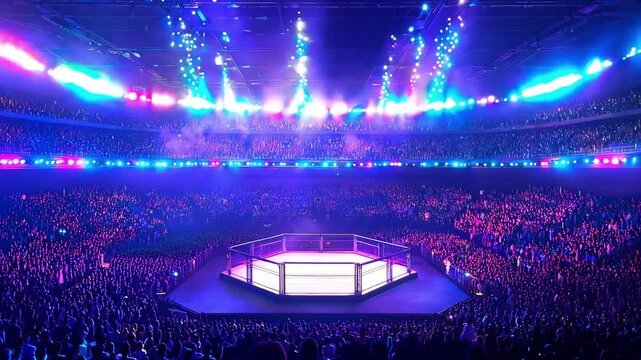 A large crowd gathers in an arena with bright lights focused on the fighting octagon during a competitive match