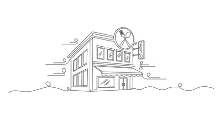 Obraz premium Line art of a small restaurant building with fork and knife sign. None editable stroke