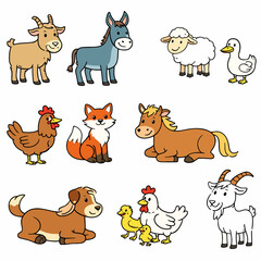 Farm animal cartoon set with goat, donkey, sheep, goose, chicken, fox, horse, dog and chicks. Flat vector illustration with bold outlines for agriculture, rural life and kids projects.