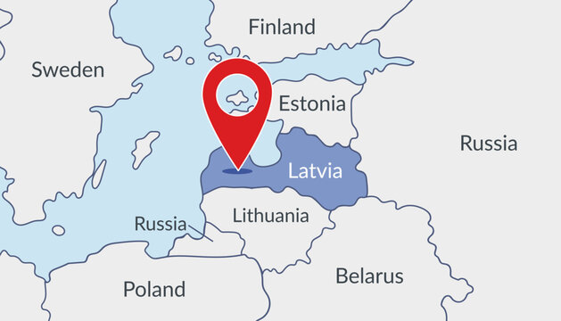 Latvia on the Europe map with pin location marker. Vector flat template.